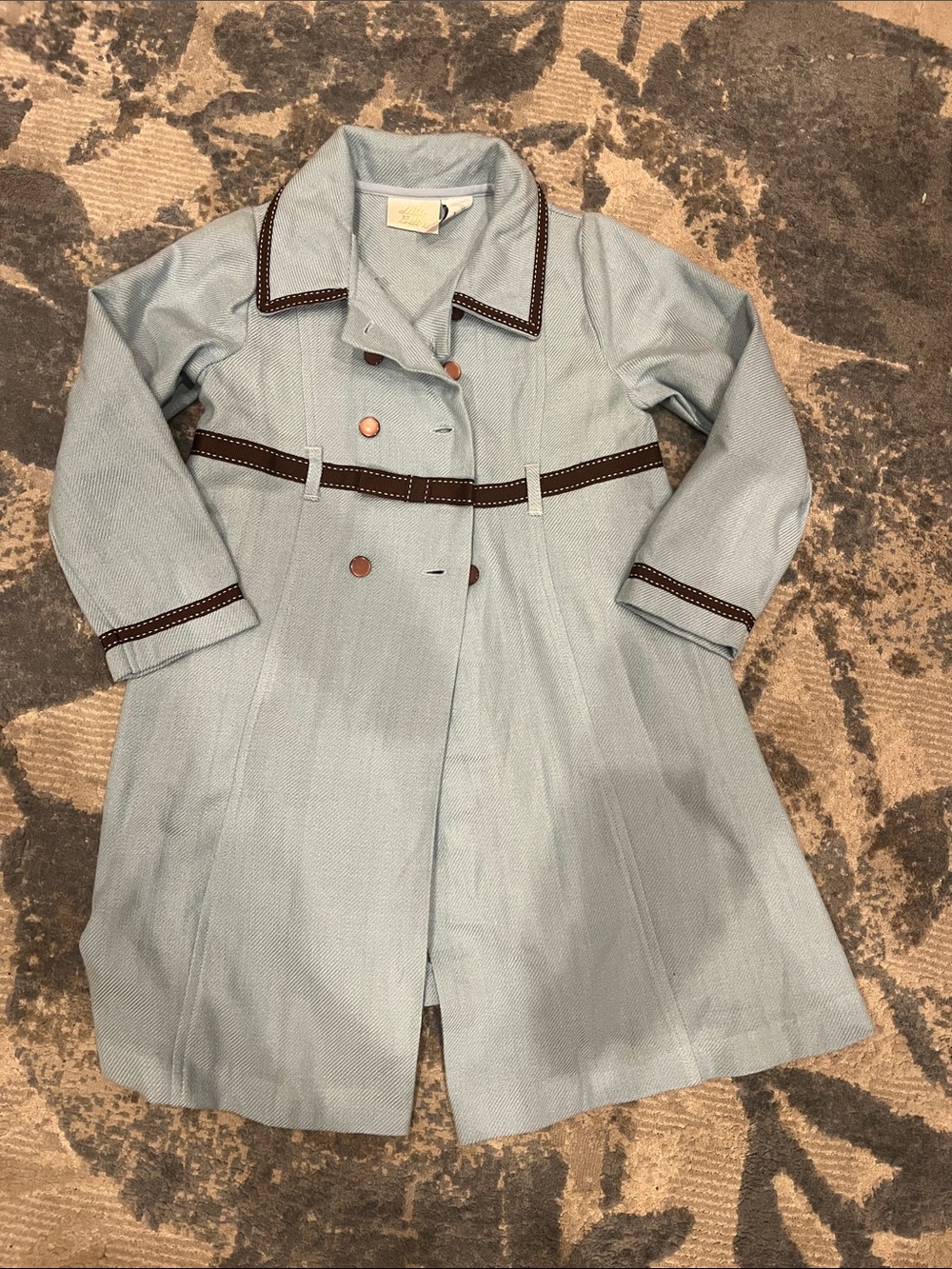Girls' Light Blue Double-Breasted Pea Coat with Brown Trim - Classic Style